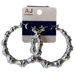 AJ Cornerstone Women's Fashion Jewelry Silver 2" Bamboo Hoop Earrings